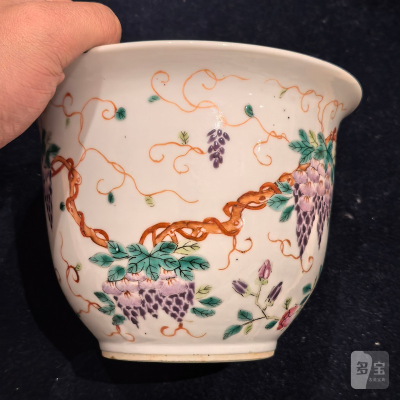 清晚期 粉彩花鸟葡萄纹花盆 - 图9
